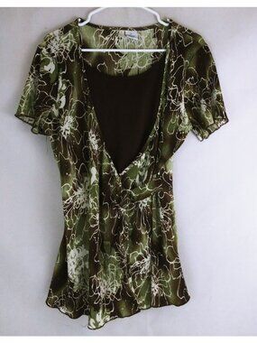 Nick & Sarah Women's Green & Black Wrap Blouse With Floral Designs Size Large